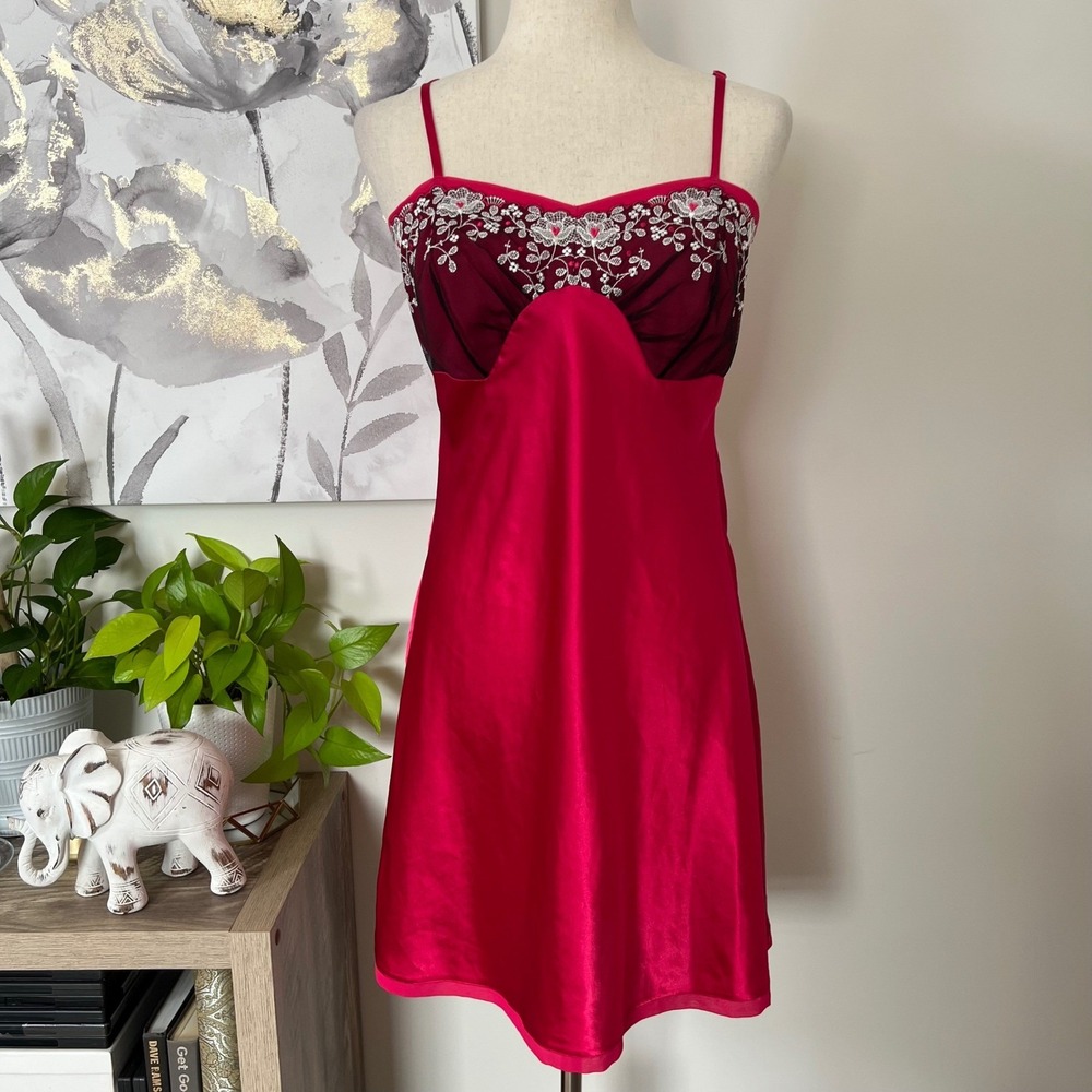 Pink Satin Embroidered Lace Mini Slip Dress‎ Coquette Romantic Lingerie Boudoir